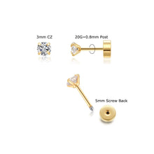 Load image into Gallery viewer, 3mm Tiny CZ Screw on Flat Back Stud Earrings,14K Gold Flat Back Cubic Zirconia Earrings for Helix Cartilage Tragus Earlobe Piercing Jewelry Gift for Women Girls Toddlers(3mm CZ, Gold)