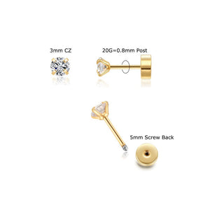 3mm Tiny CZ Screw on Flat Back Stud Earrings,14K Gold Flat Back Cubic Zirconia Earrings for Helix Cartilage Tragus Earlobe Piercing Jewelry Gift for Women Girls Toddlers(3mm CZ, Gold)