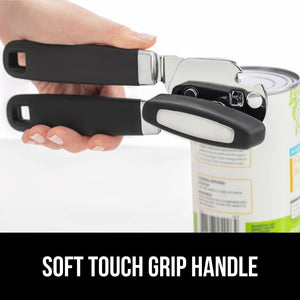 The Original Gorilla Grip Heavy Duty Stainless Steel Smooth Edge Manual Hand Held Can Opener With Soft Touch Handle, Rust Proof Oversized Handheld Easy Turn Knob, Best Large Lid Openers, Black