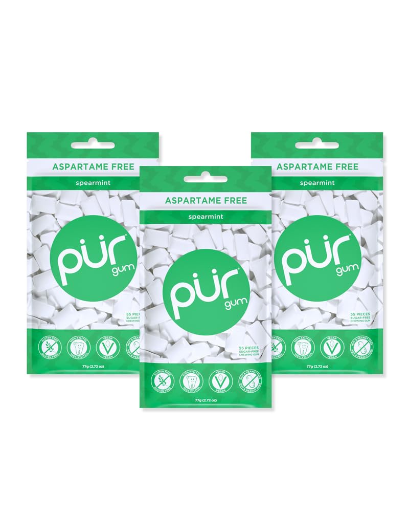 PUR Gum | Aspartame Free Chewing Gum | 100% Xylitol | Sugar Free, Vegan, Gluten Free & Keto Friendly | Natural Spearmint Flavored Gum, 55 Pieces (Pack of 3)