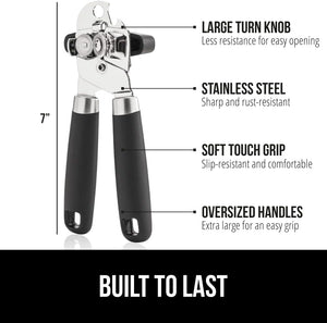 The Original Gorilla Grip Heavy Duty Stainless Steel Smooth Edge Manual Hand Held Can Opener With Soft Touch Handle, Rust Proof Oversized Handheld Easy Turn Knob, Best Large Lid Openers, Black