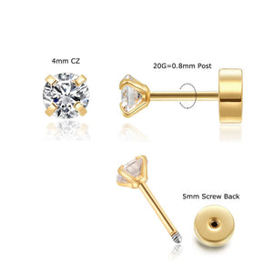 4mm CZ Flat Screw Back Stud Earrings,14K Gold Small Cubic Zirconia Earrings for Helix Cartilage Tragus Earlobe Piercing Jewelry Gift for Women Girls(4mm CZ, Gold)