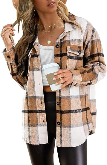 AUTOMET Womens Casual Plaid Shacket Button Down Long Sleeve Shirt