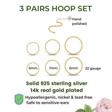 Load image into Gallery viewer, 3 Pairs 14k Gold Plated Sterling Silver Small Hoop Earrings Set for Women Cartilage Nose Septum Helix Tragus Rings Multiple Piercing Jewelry, Hypoallergenic Thin Tiny Gold Hoops 6mm 7mm 8mm