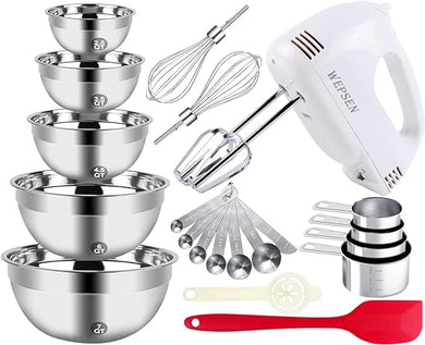 5-Speed Electric Hand Mixer, 5 Large Mixing Bowls Set, Handheld Mixers with Whisks Beater, Stainless Steel Metal Nesting Mixing Bowl Measuring Cups Spoons Kitchen Cake Blender for Prep Baking Supplies