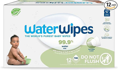 WaterWipes Plastic-Free Textured Clean, Toddler & Baby Wipes, 99.9% Water Based Wipes, Unscented & Hypoallergenic for Sensitive Skin, 720 Count (12 packs), Packaging May Vary