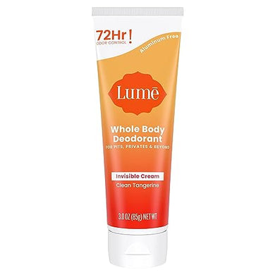 Lume Whole Body Deodorant - Invisible Cream Tube - 72 Hour Odor Control - Aluminum Free, Baking Soda Free, Skin Safe - 3.0 ounce (Clean Tangerine)