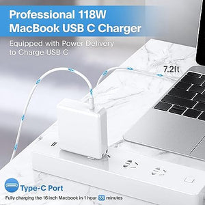 Mac Book Pro Charger - 118W USB C Charger Fast Charger for USB C Port MacBook pro & MacBook Air, ipad Pro, Samsung Galaxy and All USB C Device, Include Charge Cable（7.2ft/2.2m）