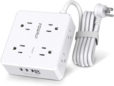 Surge Protector Power Strip - 6 Ft Flat Plug Extension Cord with 8 Widely Outlets and 4 USB Ports(1 USB C), 3 Side Outlet Extender for Home Office, White, ETL Listed