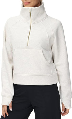 THE GYM PEOPLE Womens' Half Zip Pullover Fleece Stand Collar Crop Sweatshirt with Pockets Thumb Hole