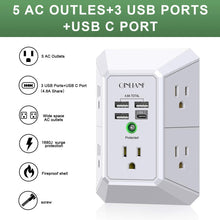 Load image into Gallery viewer, Wall Charger, Surge Protector, QINLIANF 5 Outlet Extender with 4 USB Charging Ports (4.8A Total) 3-Sided 1680J Power Strip Multi Plug Adapter Spaced for Home Travel Office (3U1C)