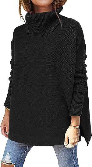 LILLUSORY Women's Turtleneck Oversized Sweaters 2023 Fall Long Batwing Sleeve Spilt Hem Tunic Pullover Sweater Knit Tops