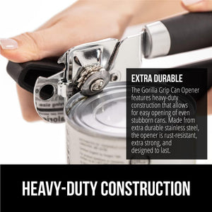 The Original Gorilla Grip Heavy Duty Stainless Steel Smooth Edge Manual Hand Held Can Opener With Soft Touch Handle, Rust Proof Oversized Handheld Easy Turn Knob, Best Large Lid Openers, Black