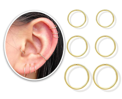 3 Pairs 14k Gold Plated Sterling Silver Small Hoop Earrings Set for Women Cartilage Nose Septum Helix Tragus Rings Multiple Piercing Jewelry, Hypoallergenic Thin Tiny Gold Hoops 6mm 7mm 8mm