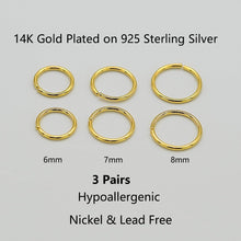 Load image into Gallery viewer, 3 Pairs 14k Gold Plated Sterling Silver Small Hoop Earrings Set for Women Cartilage Nose Septum Helix Tragus Rings Multiple Piercing Jewelry, Hypoallergenic Thin Tiny Gold Hoops 6mm 7mm 8mm