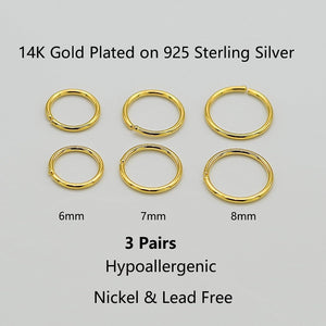 3 Pairs 14k Gold Plated Sterling Silver Small Hoop Earrings Set for Women Cartilage Nose Septum Helix Tragus Rings Multiple Piercing Jewelry, Hypoallergenic Thin Tiny Gold Hoops 6mm 7mm 8mm