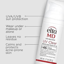 Load image into Gallery viewer, EltaMD UV Clear Face Sunscreen, SPF 46 Oil Free Sunscreen with Zinc Oxide, Protects and Calms Sensitive Skin and Acne-Prone Skin, Lightweight, Silky, Dermatologist Recommended, 1.7 oz Pump