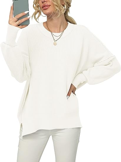 ANRABESS Women Crewneck Batwing Sleeve 2023 Fall Oversized Side Slit Ribbed Knit Pullover Sweater Top