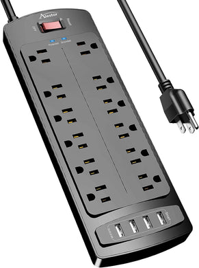 Power Strip, ALESTOR Surge Protector with 12 Outlets and 4 USB Ports, 6 Feet Extension Cord (1875W/15A), 2700 Joules, ETL Listed, Black