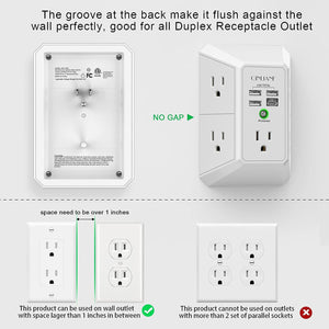 Wall Charger, Surge Protector, QINLIANF 5 Outlet Extender with 4 USB Charging Ports (4.8A Total) 3-Sided 1680J Power Strip Multi Plug Adapter Spaced for Home Travel Office (3U1C)