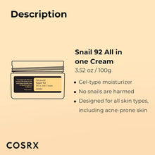 Load image into Gallery viewer, COSRX Snail Mucin 92% Moisturizer 3.52oz/ 100g, Daily Repair Face Gel Cream for Dry, Sensitive Skin, Not Tested on Animals, No Parabens, No Sulfates, No Phthalates, Korean Skincare