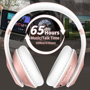 Glynzak Wireless Bluetooth Headphones Over Ear 65H Playtime HiFi Stereo Headset with Microphone and 6EQ Modes Foldable Bluetooth V5.3 Headphones for Travel Smartphone Computer Laptop Rose Gold WH207A