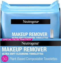 Load image into Gallery viewer, Neutrogena Cleansing Fragrance Free Makeup Remover Face Wipes, Cleansing Facial Towelettes for Waterproof Makeup, Alcohol-Free, Unscented, 100% Plant-Based Fibers, Twin Pack, 2 x 25 ct