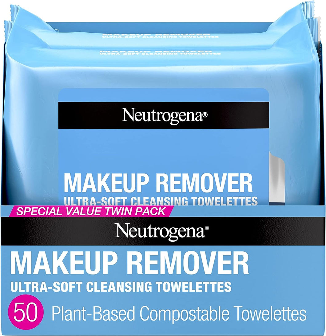 Neutrogena Cleansing Fragrance Free Makeup Remover Face Wipes, Cleansing Facial Towelettes for Waterproof Makeup, Alcohol-Free, Unscented, 100% Plant-Based Fibers, Twin Pack, 2 x 25 ct