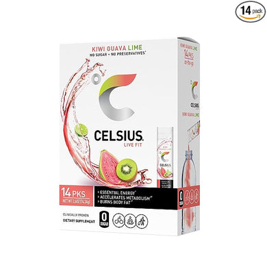 CELSIUS Kiwi Guava Lime On-the-Go Powder Stick Packs, Zero Sugar (14 Sticks per Pack)