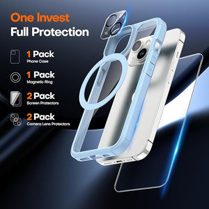 TAURI 5 in 1 for iPhone 15 Case, [Not-Yellowing] with 2X Screen Protectors + 2X Camera Lens Protectors, [Military Grade Drop Protection] Shockproof Slim Phone Case for iPhone 15, Light Blue