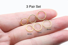 Load image into Gallery viewer, 3 Pairs 14k Gold Plated Sterling Silver Small Hoop Earrings Set for Women Cartilage Nose Septum Helix Tragus Rings Multiple Piercing Jewelry, Hypoallergenic Thin Tiny Gold Hoops 6mm 7mm 8mm