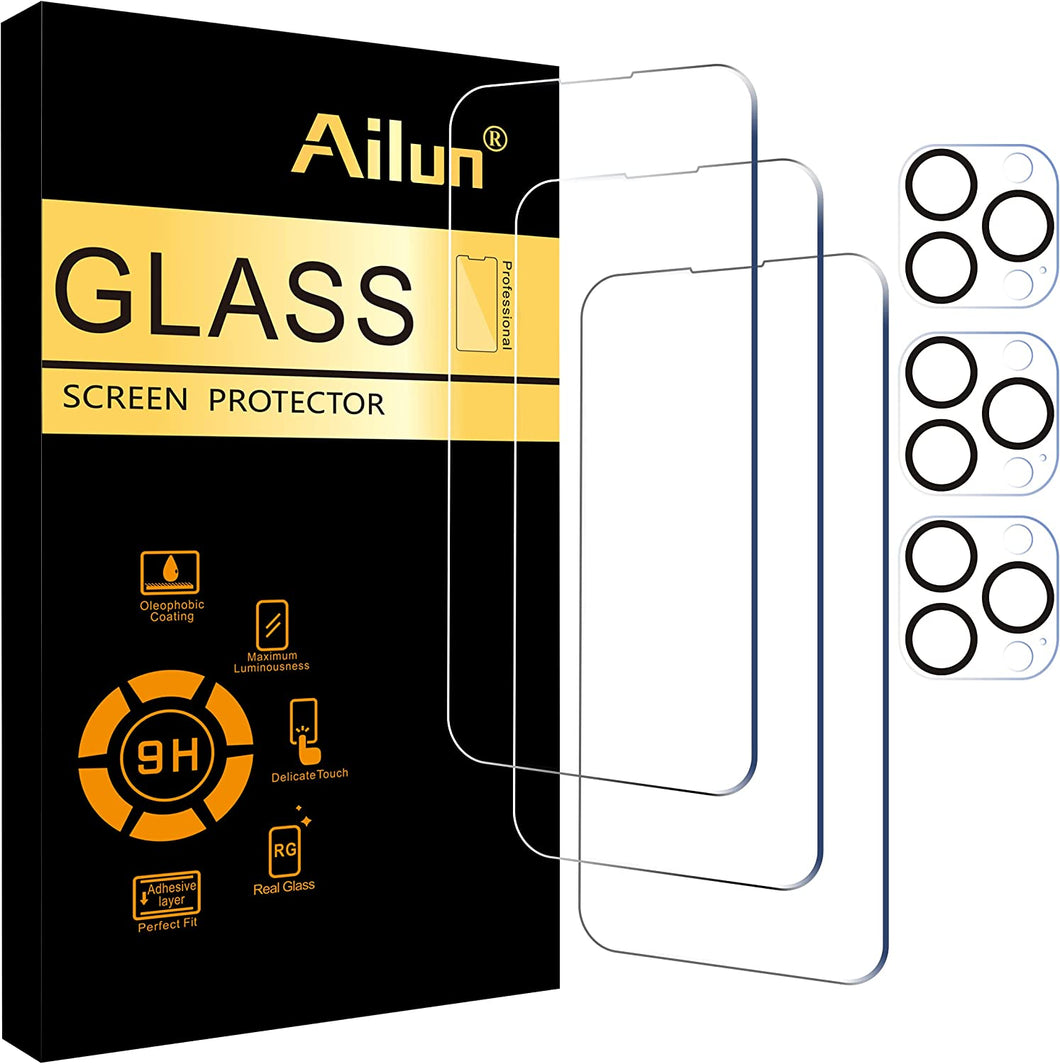 Ailun 3 Pack Screen Protector for iPhone 14 Pro Max[6.7 inch] + 3 Pack Camera Lens Protector,Sensor Protection,Dynamic Island Compatible,Case Friendly Tempered Glass Film,[9H Hardness] - HD