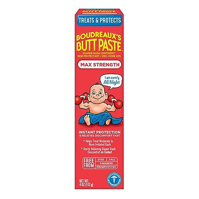 Boudreaux's Butt Paste Maximum Strength Diaper Rash Cream, Ointment for Baby, 4 oz Tube