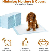 Load image into Gallery viewer, Amazon Basics Dog and Puppy Pee Pads with Leak-Proof Quick-Dry Design for Potty Training, Standard Absorbency, Regular Size, 22 x 22 Inches, Pack of 100, Blue &amp; White