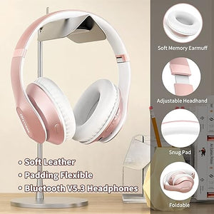 Glynzak Wireless Bluetooth Headphones Over Ear 65H Playtime HiFi Stereo Headset with Microphone and 6EQ Modes Foldable Bluetooth V5.3 Headphones for Travel Smartphone Computer Laptop Rose Gold WH207A