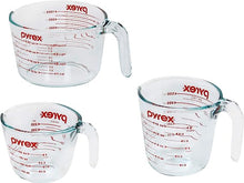 Load image into Gallery viewer, Pyrex 3 Piece Glass Measuring Cup Set, Includes 1-Cup, 2-Cup, and 4-Cup Tempered Glass Liquid Measuring Cups, Dishwasher, Freezer, Microwave, and Preheated Oven Safe, Essential Kitchen Tools