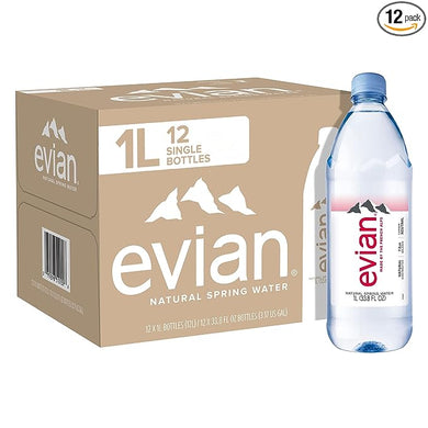 evian Natural Spring Water, Naturally Filtered Spring Water in Large Bottles, 33.81 Fl Oz (Pack of 12)