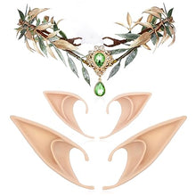 Load image into Gallery viewer, MOSTORY Fairy Leaf Rhinestone Crown with Elf Ears Set Handmade Princess Headpiece with 2 Pairs Soft Elven Ears kit for Women Girls Reneaissance Halloween Wedding Cosplay Photo Props