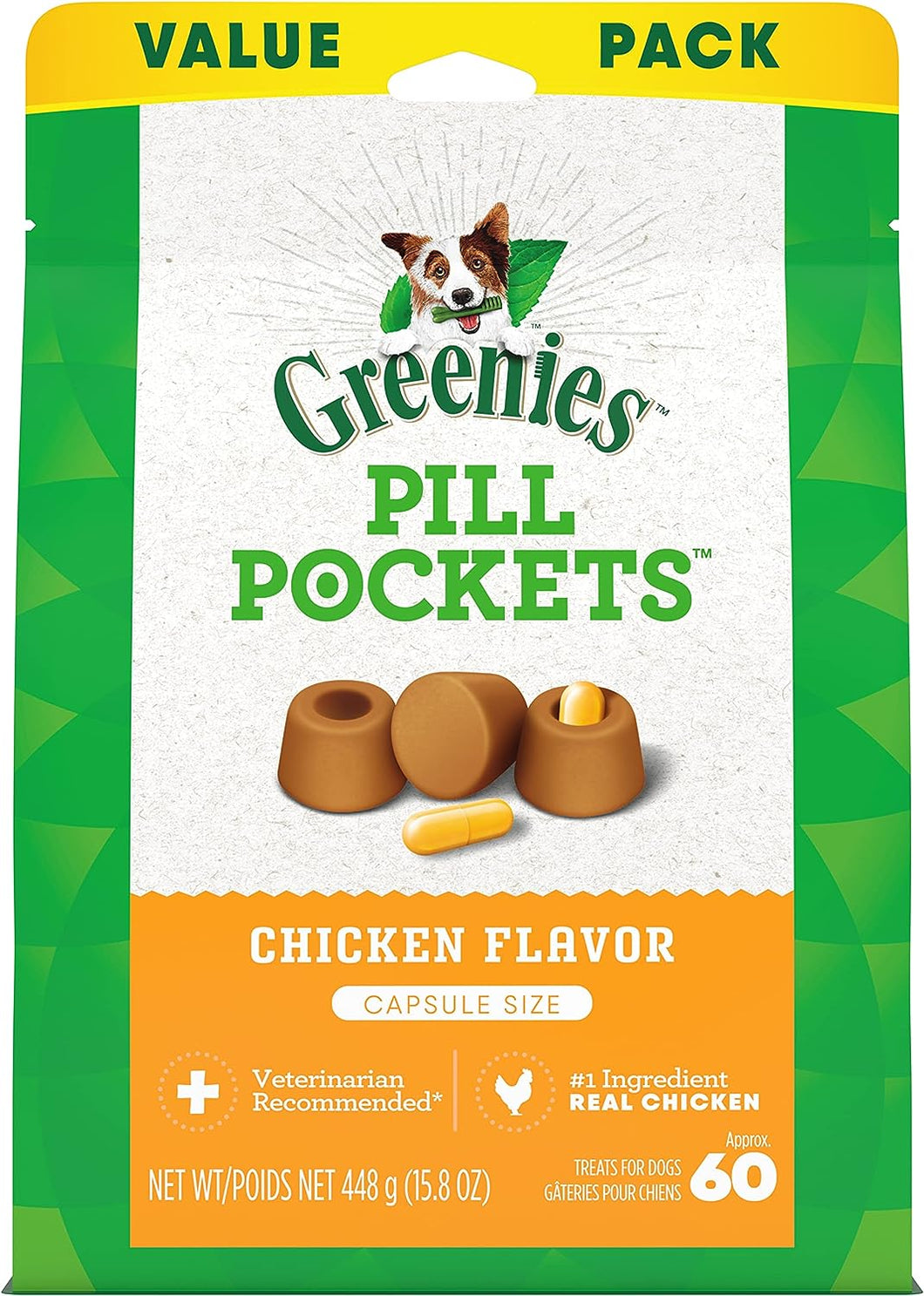 GREENIES PILL POCKETS Capsule Size Natural Dog Treats Chicken Flavor, 15.8 oz. Value Pack (60 Treats)