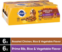 Load image into Gallery viewer, PEDIGREE CHOICE CUTS IN GRAVY Adult Canned Soft Wet Dog Food Variety Pack, Prime Rib, Rice &amp; Vegetable Flavor and Roasted Chicken, 13.2 oz. Cans (Pack of 12)