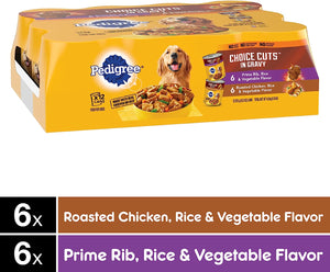 PEDIGREE CHOICE CUTS IN GRAVY Adult Canned Soft Wet Dog Food Variety Pack, Prime Rib, Rice & Vegetable Flavor and Roasted Chicken, 13.2 oz. Cans (Pack of 12)