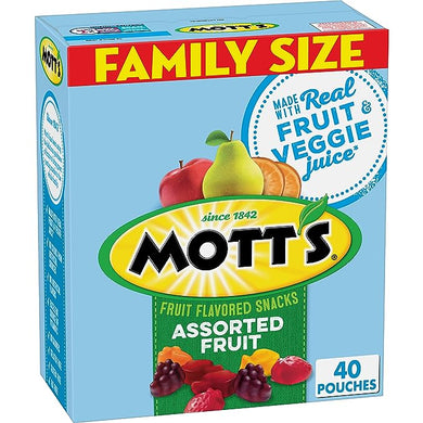 Mott's Fruit Flavored Snacks, Assorted Fruit, Pouches, 0.8 oz, 40 ct