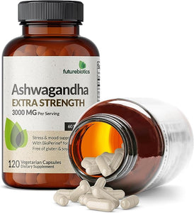 Futurebiotics Ashwagandha Capsules Extra Strength 3000mg - Stress Relief Formula, Natural Mood Support, Stress, Focus, and Energy Support Supplement, 120 Capsules