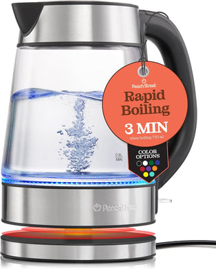 Speed-Boil Electric Kettle For Coffee & Tea - 1.7L Water Boiler 1500W, Borosilicate Glass, Easy Clean Wide Opening, Auto Shut-Off, Cool Touch Handle, LED Light. 360° Rotation, Boil Dry Protection