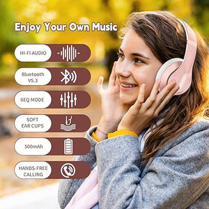 Glynzak Wireless Bluetooth Headphones Over Ear 65H Playtime HiFi Stereo Headset with Microphone and 6EQ Modes Foldable Bluetooth V5.3 Headphones for Travel Smartphone Computer Laptop Rose Gold WH207A