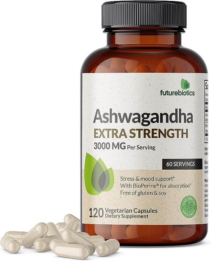 Futurebiotics Ashwagandha Capsules Extra Strength 3000mg - Stress Relief Formula, Natural Mood Support, Stress, Focus, and Energy Support Supplement, 120 Capsules