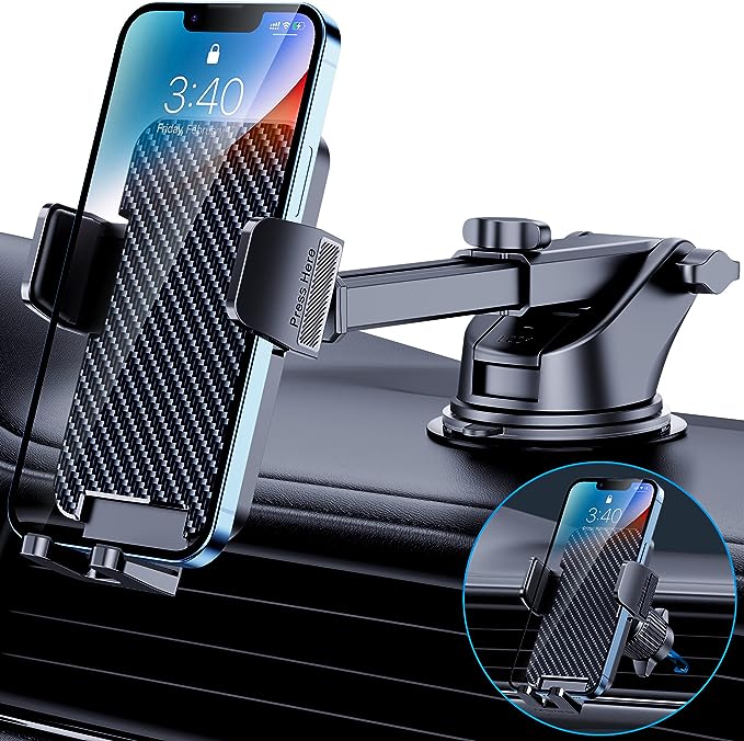 Car Phone Holder Mount [Bumpy Roads Friendly] Phone Mount for Car Dashboard Windshield Air Vent Universal Cell Phone Automobile Cradles Hands-Free Phone Stand for Car Fit iPhone Android Smartphones