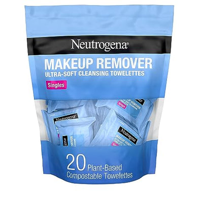 Neutrogena Makeup Remover Wipes Singles, Daily Facial Cleanser Towelettes, Gently Removes Oil & Makeup, Alcohol-Free Makeup Wipes, Individually Wrapped, 20 ct