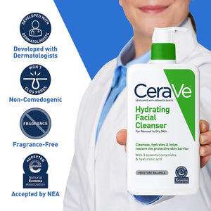 CeraVe Hydrating Facial Cleanser | Moisturizing Non-Foaming Face Wash with Hyaluronic Acid, Ceramides and Glycerin | Fragrance Free Paraben Free | 16 Fluid Ounce