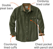 Load image into Gallery viewer, Legendary Whitetails Men&#39;s Buck Camp Flannel, Long Sleeve Plaid Button Down Casual Shirt, Corduroy Cuffs